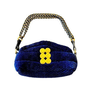 Kooreloo Rich Blue Velour Mini Bag Black Leather Trim Chain‎ Strap Luxury Purse